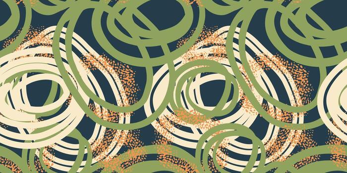 Seamless pattern with abstract hand drawn circles in green tones. Dynamic, energetic brush strokes create a modern artistic design, perfect for textiles, packaging, wallpapers, and branding vector