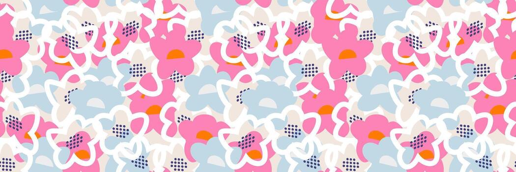 Seamless floral pattern with abstract hand drawn flowers in pink and blue on a light background. Overlapping outlines and dynamic composition create a playful, modern, and stylish look vector
