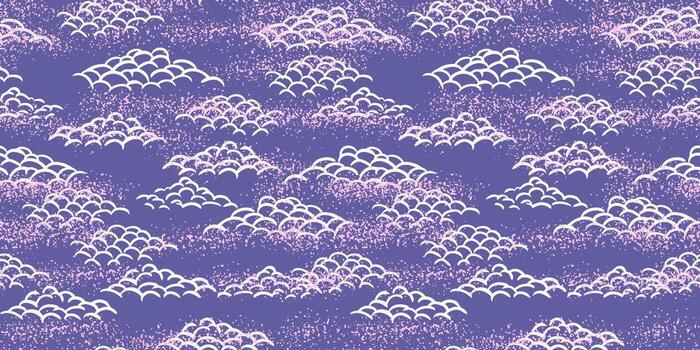 Seamless pattern with stylized hand drawn clouds in an Asian inspired design. White and pink curved line clouds on a violet background with a subtle textured effect. Ideal for textiles vector