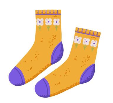 Cozy knitted sock pair with cute flower pattern in flat style with speckled texture. Autumn clothers accessory vector