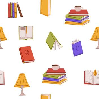 Seamless pattern of open and close books with lamp and cup of tea. wallpaper with book stack for school vector
