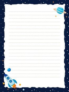 Notebook or diary page template with starry sky, rocket and stars. Simple flat illustration vector