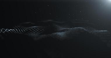 astratto raggiante onda di particelle e puntini in movimento su buio sfondo con volante luccichio particelle, grande dati visualizzazione, futuristico e digitale sfondo, 3d, 4k, senza soluzione di continuità ciclo continuo video