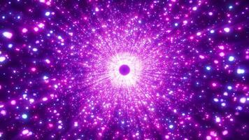 färgrik explosion av glittrande partiklar. hyperspace hoppa genom stjärnor in i Plats. animering på de hastighet av ljus. snabb resa på de hastighet av ljus genom en tunnelmaskhål i Plats. 3d, 4k video