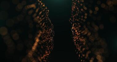 Abstract luxurious gold waves of glitter and dust particles with light motion lights background, data flow, cyber technology. 3D rendering. Seamless loop video