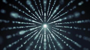 Dynamic glowing particles radiate outward from a central point in a digital space tunnel. Perfect for sci-fi, technology, data transfer, or futuristic backgrounds. video