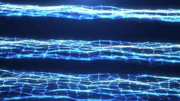 abstrakt Szene von futuristisch Cyber Welt, Sci-Fi Plexus Gitter mit Welle Energie, technologisch glühend Oberfläche, Neon- Nacht Szene, Digital wissenschaftlich Hightech Hintergrund 4k Animation, nahtlos Schleife video