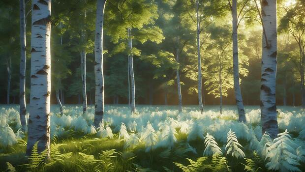 A forest with birch trees and ferns photo