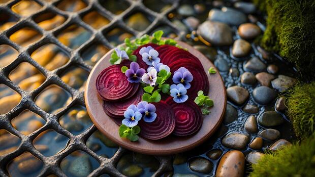 Beets and flowers on a plate in a stream photo