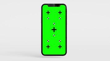 Animation of Smartphone with Green Screen Display Moving Away from Camera and Rotating from Horizontal to Vertical on White Background video