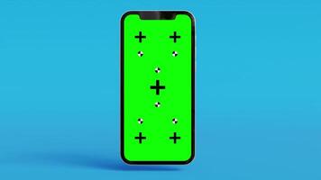 animering av smartphone med grön skärm visa rör på sig bort från kamera och roterande från horisontell till vertikal på blå bakgrund video