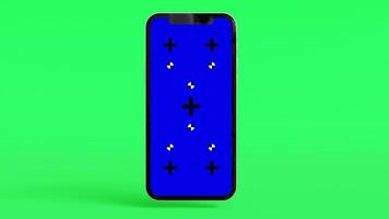 animering av smartphone med blå skärm visa rör på sig bort från kamera och roterande från horisontell till vertikal på grön bakgrund video