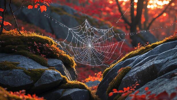 A spider web is hanging from a tree in the woods photo