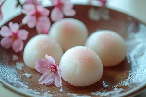 Delicate Sweet Dumplings with Cherry Blossoms in a Rustic Bowl. photo