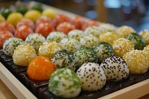 Colorful Assortment of Delicious Rice Balls Ready to Eat. photo