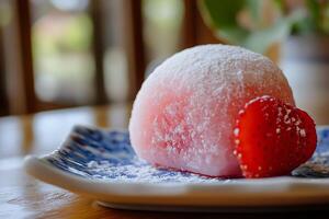 Sweet Strawberry Mochi Delight with Powdered Sugar Dusting. photo