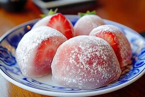 Close up of delicious strawberry mochi dusted with powdered sugar. photo
