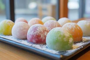A Plate of Colorful Mochi Treats Sprinkled with White Powder. photo