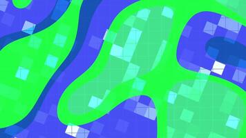résumés liquide cligner carré abstrait Animé Contexte avec vibrant vert formes en mouvement plus de une bleu à carreaux modèle conception. video