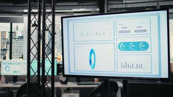 Empty office desk with a TV monitor running performance reports and other infographics, forecasting documents to ensure business growth, success and strategic objectives alignment. video