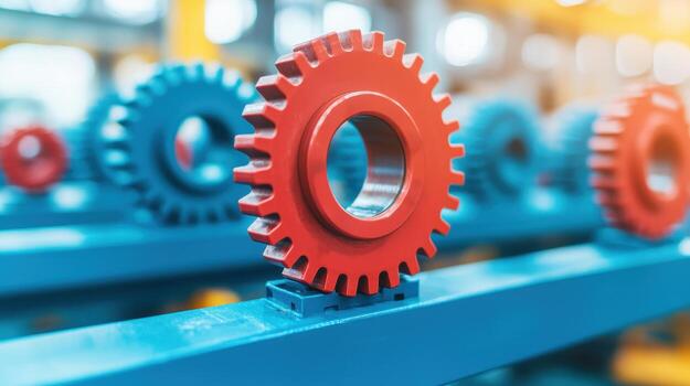 Red and blue gears on production line in factory setting photo
