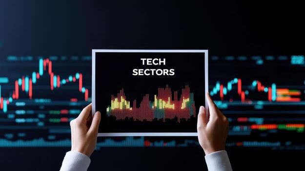 Tech sectors report held by investor with stock market background photo