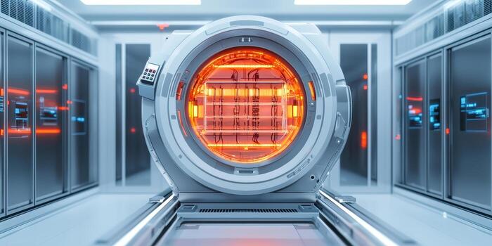 High tech machine with glowing elements in modern lab photo