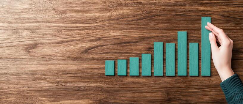 Increasing chart with hand on wooden background photo