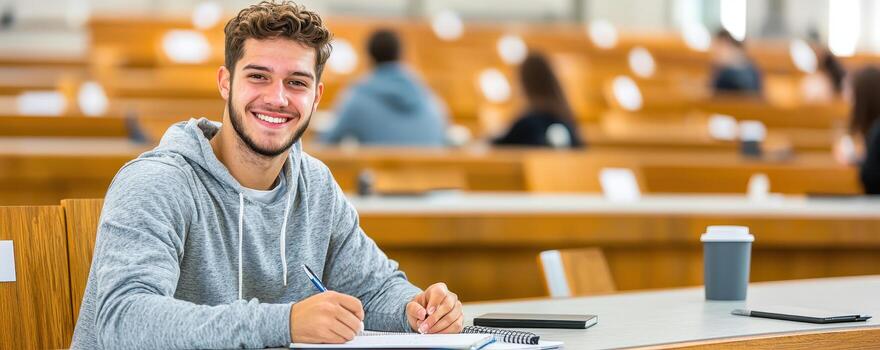 Smiling student taking notes in classroom setting photo