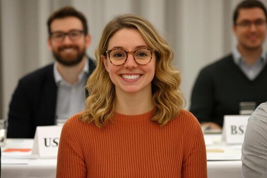 Smiling woman with glasses in workshop setting photo