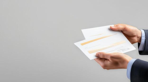 Business hands holding paper documents in office setting photo
