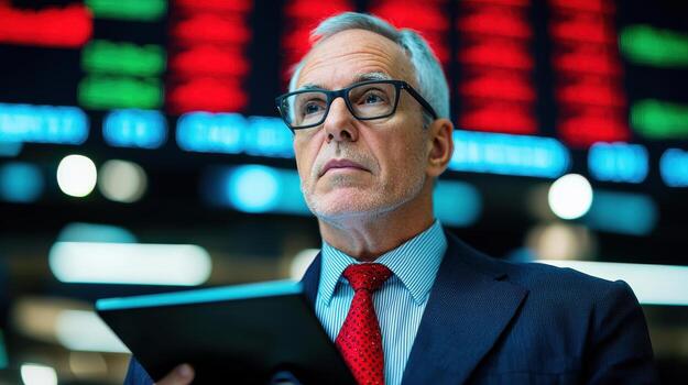 Professional trader analyzing market data at stock exchange board photo