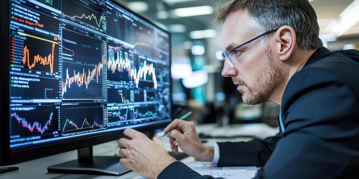 Stock trader analyzing financial market data monitor screen photo