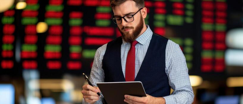 profesional corredor analizando mercado datos con digital tableta foto