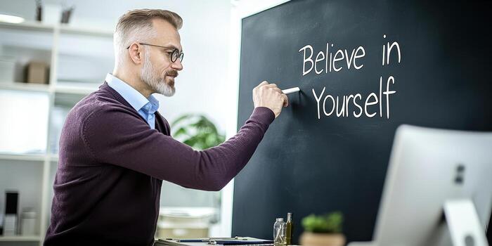 Teaching believe in yourself message on classroom chalkboard photo