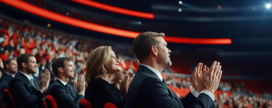 Audience applauding at conference event in theater auditorium photo