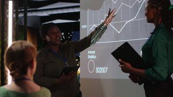 verschillend bedrijf adviseurs herzien doelen en voorstellen voor een project agenda, onderzoeken gegevens inzichten Aan een projectie bord met aandeelhouders na uren in een briefing sessie. camera b. video