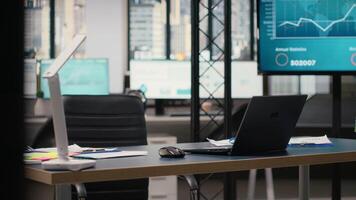 Sleek boardroom empty with technology and business documents, professional space prepared for the next session. Forecasts, performance metrics and growth strategies shape digital workspace. video