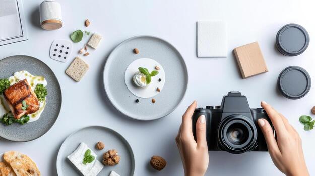 Foodie workshops, Food photographer styling elegant dining plates and camera setup photo