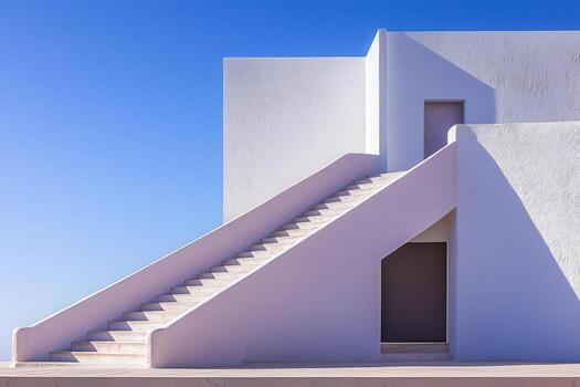 Minimalist white building with stairs and soft shadows under clear blue sky photo