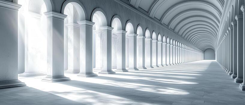 Bright long corridor with white marble columns and arches creating elegant shadows photo