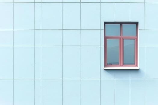 Minimalist light blue wall with single red window casting soft shadow, creating calm mood photo