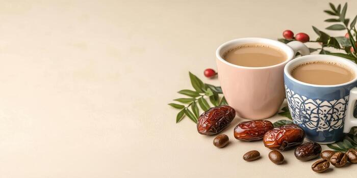 Two cups of coffee with dates and coffee beans on beige surface with green leaves and red berries photo