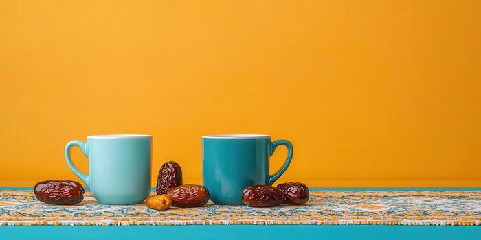 Two blue coffee cups with dates on patterned cloth and bright orange background photo