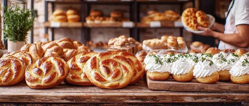 Freshly baked bread and pastries displayed on rustic wooden table in bakery photo