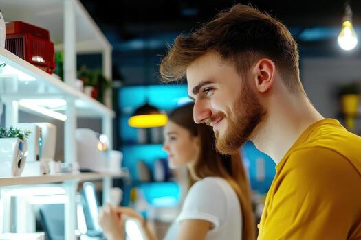 Young man smiling while shopping for electronic device in store with woman browsing in background photo