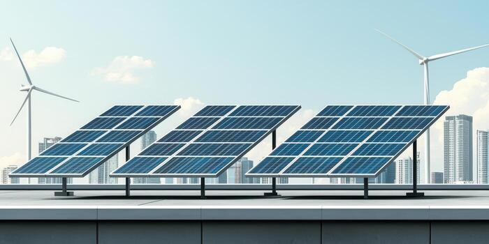 Solar panel array on urban rooftop with wind turbine and cityscape background photo