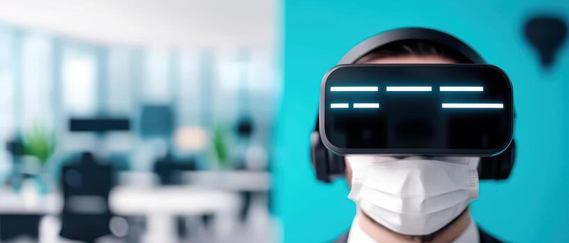 Virtual reality headset with digital interface and face mask in modern office environment photo