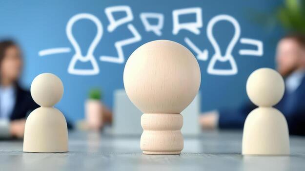Multi cultural team concept, Wooden figures representing teamwork and brainstorming ideas photo
