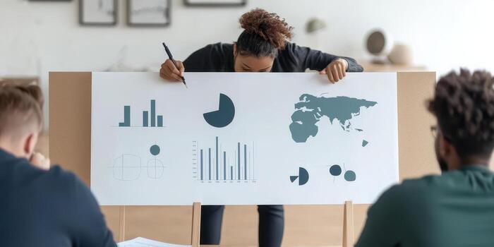 Multi cultural team concept, Analyzing charts and graphs in collaborative meeting setting photo